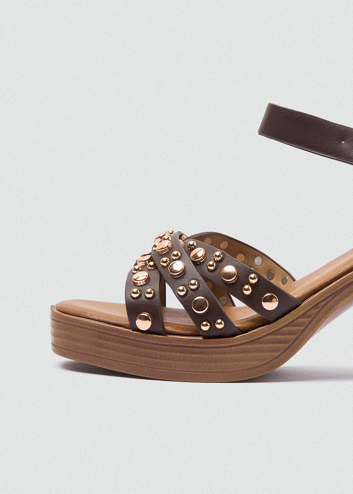 Platform Block Heel Studded Sandals - Brown