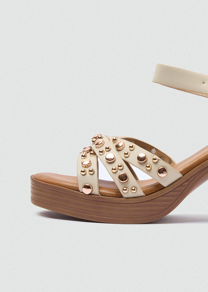 Platform Block Heel Studded Sandals - Beige