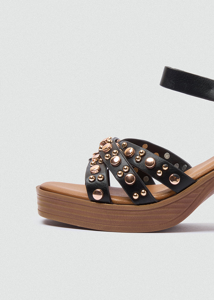 Platform Block Heel Studded Sandals - Black