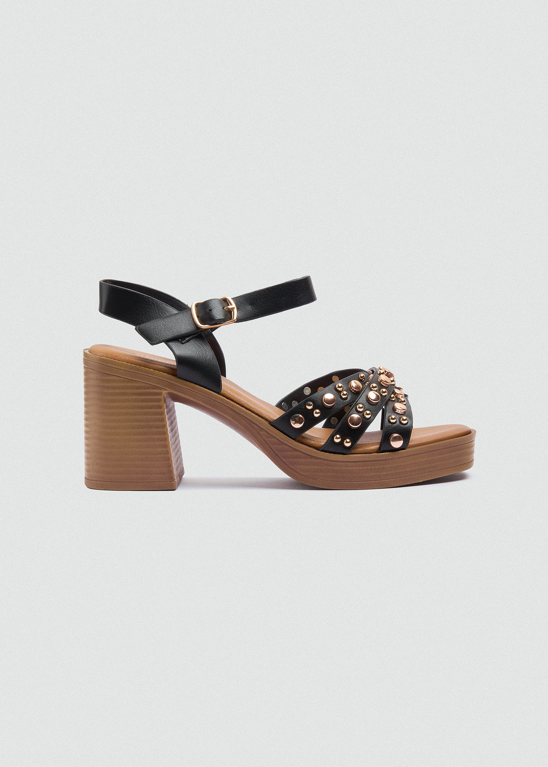 Platform Block Heel Studded Sandals - Black
