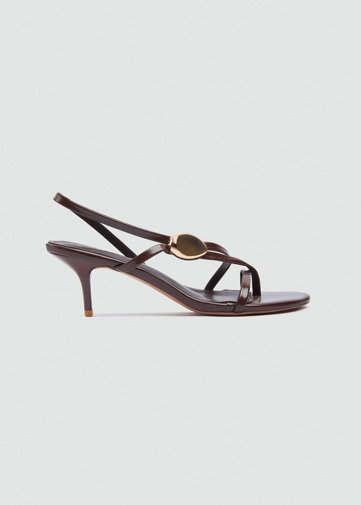 Asymmetric Strappy Stiletto Gold Disc - Brown