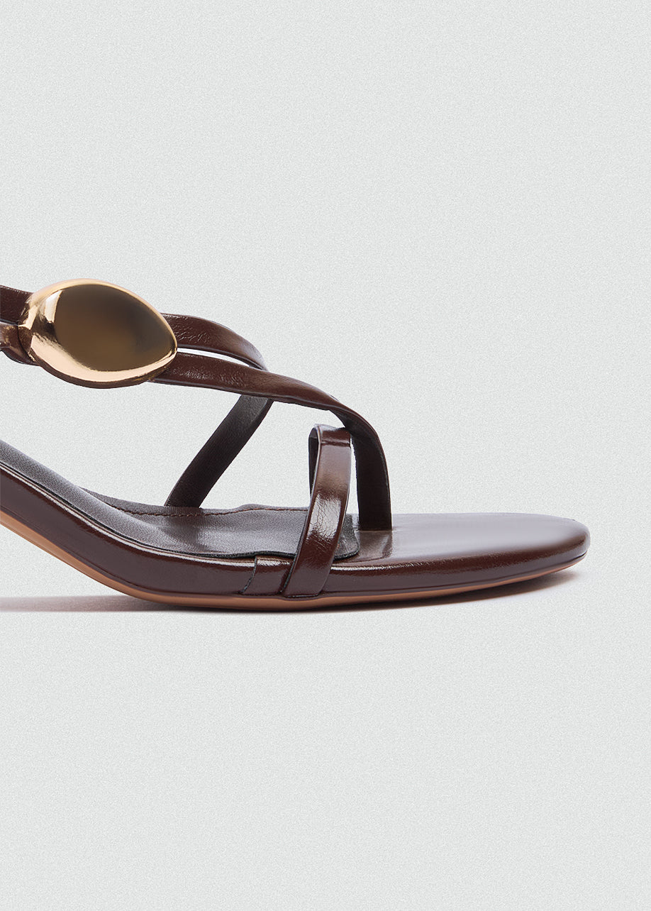 Asymmetric Strappy Stiletto Gold Disc - Brown