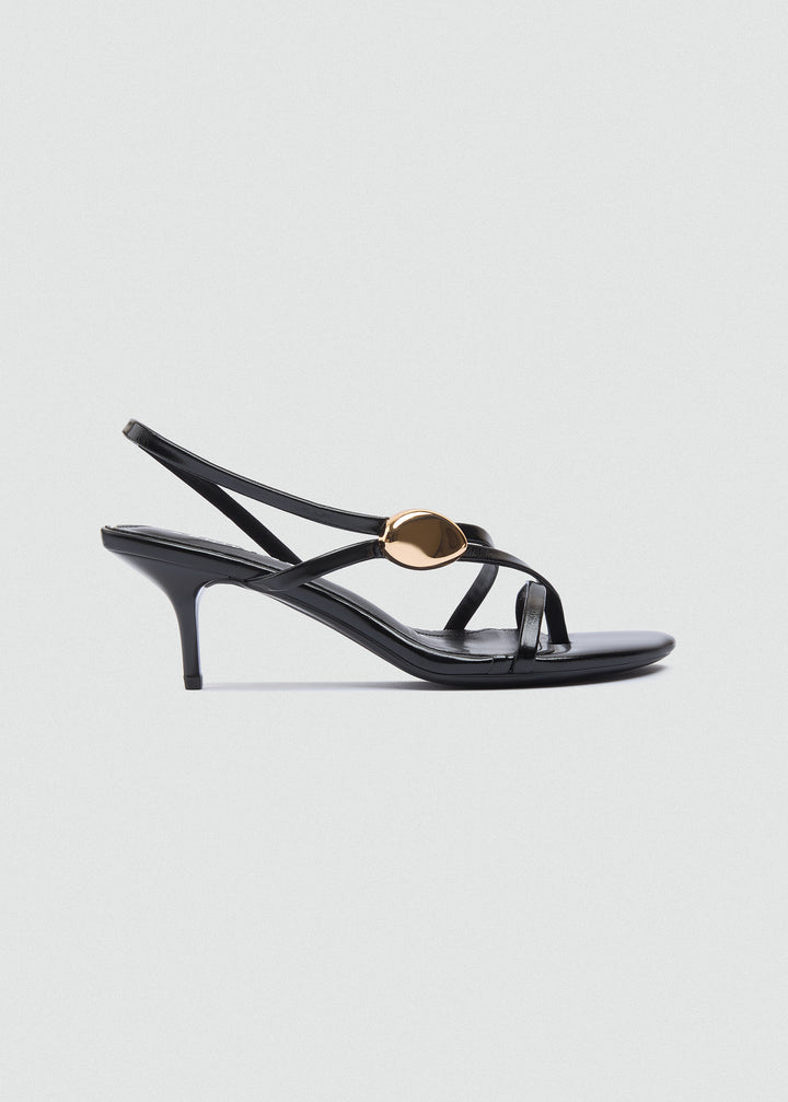 Asymmetric Strappy Stiletto Gold Disc - Black