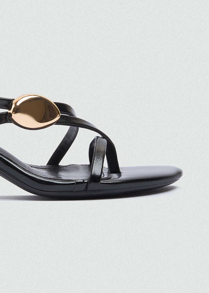 Asymmetric Strappy Stiletto Gold Disc - Black