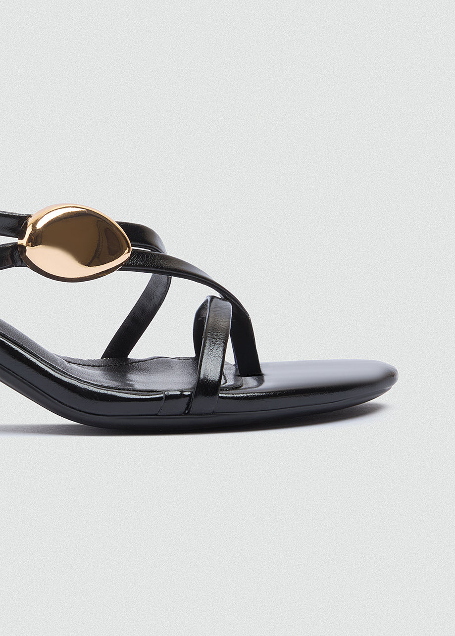 Asymmetric Strappy Stiletto Gold Disc - Black