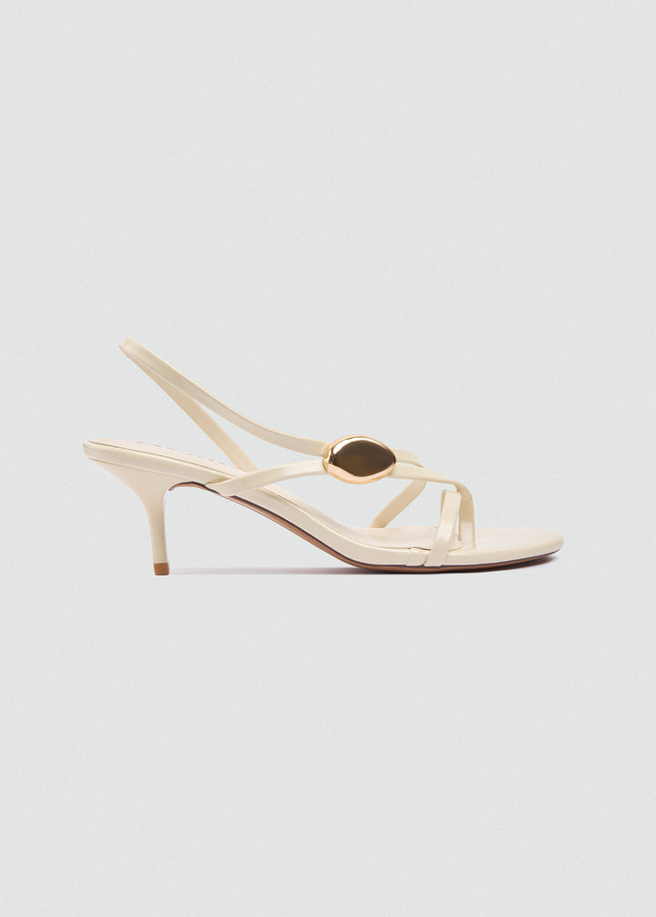 Asymmetric Strappy Stiletto Gold Disc - Beige