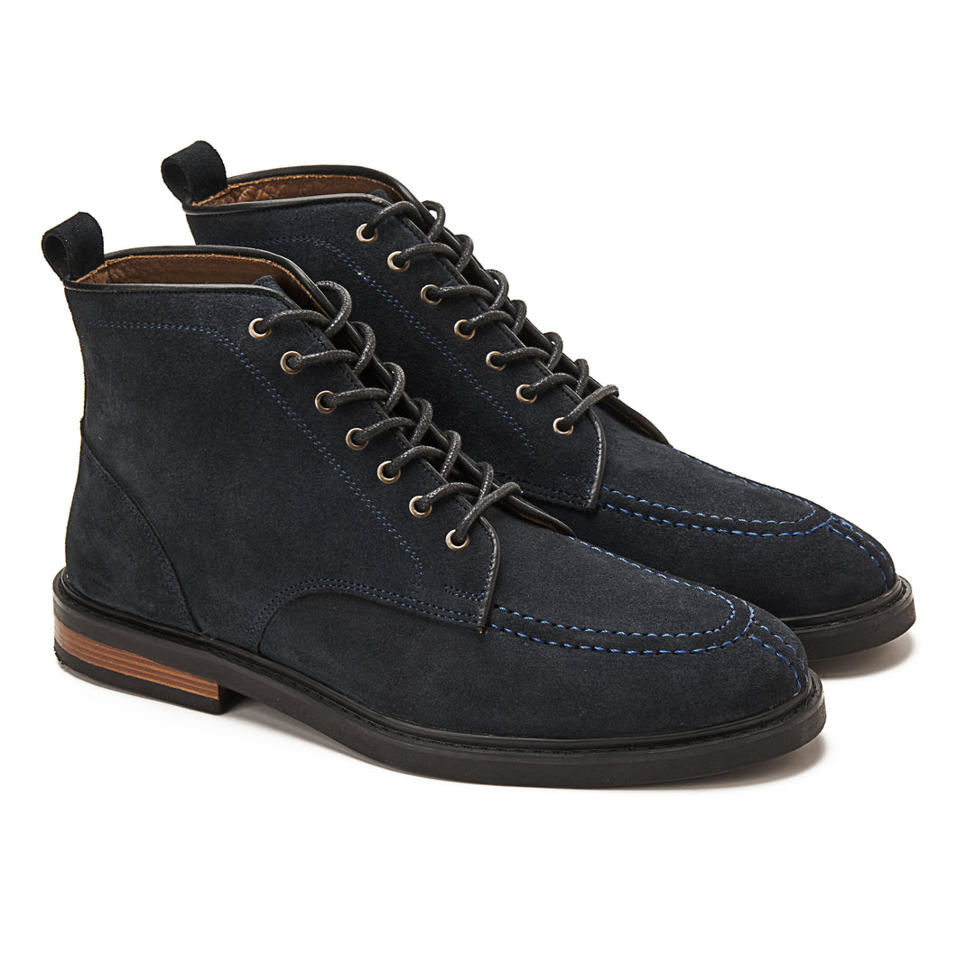 Moc Toe Suede Lace Up Genuine Leather Half Boots - Dark Blue