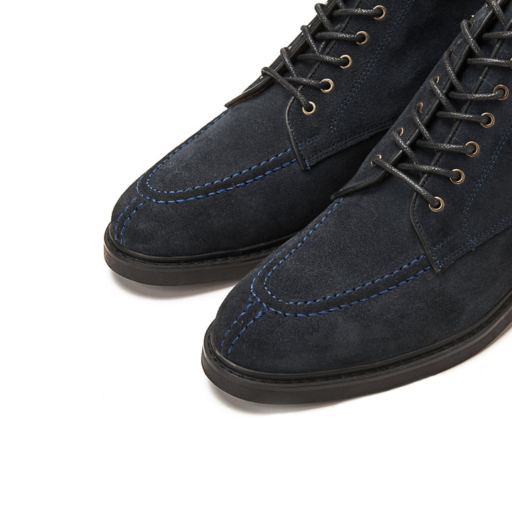 Moc Toe Suede Lace Up Genuine Leather Half Boots - Dark Blue
