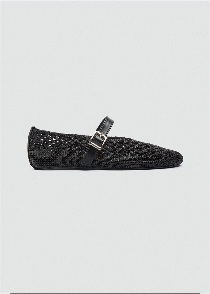 Woven Mesh Mary Jane Flats - Black