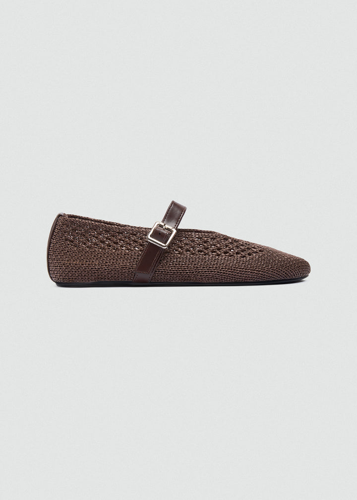 Woven Mesh Mary Jane Flats - Brown