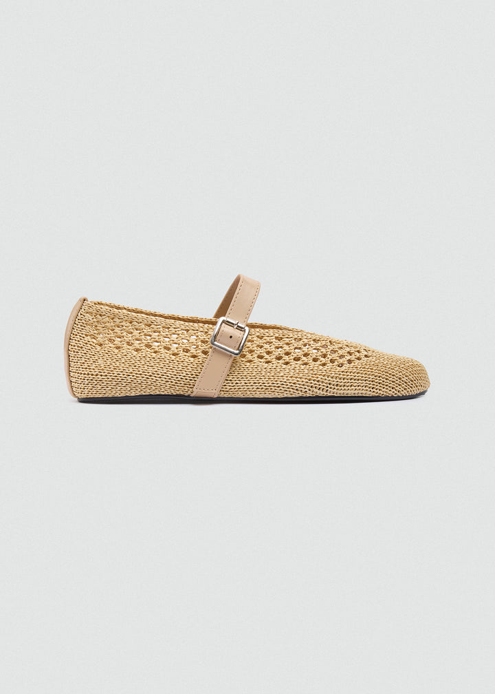 Woven Mesh Mary Jane Flats - Beige
