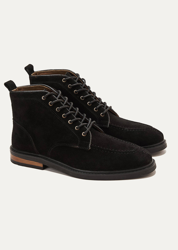 Moc Toe Suede Lace Up Genuine Leather Half Boots - Black