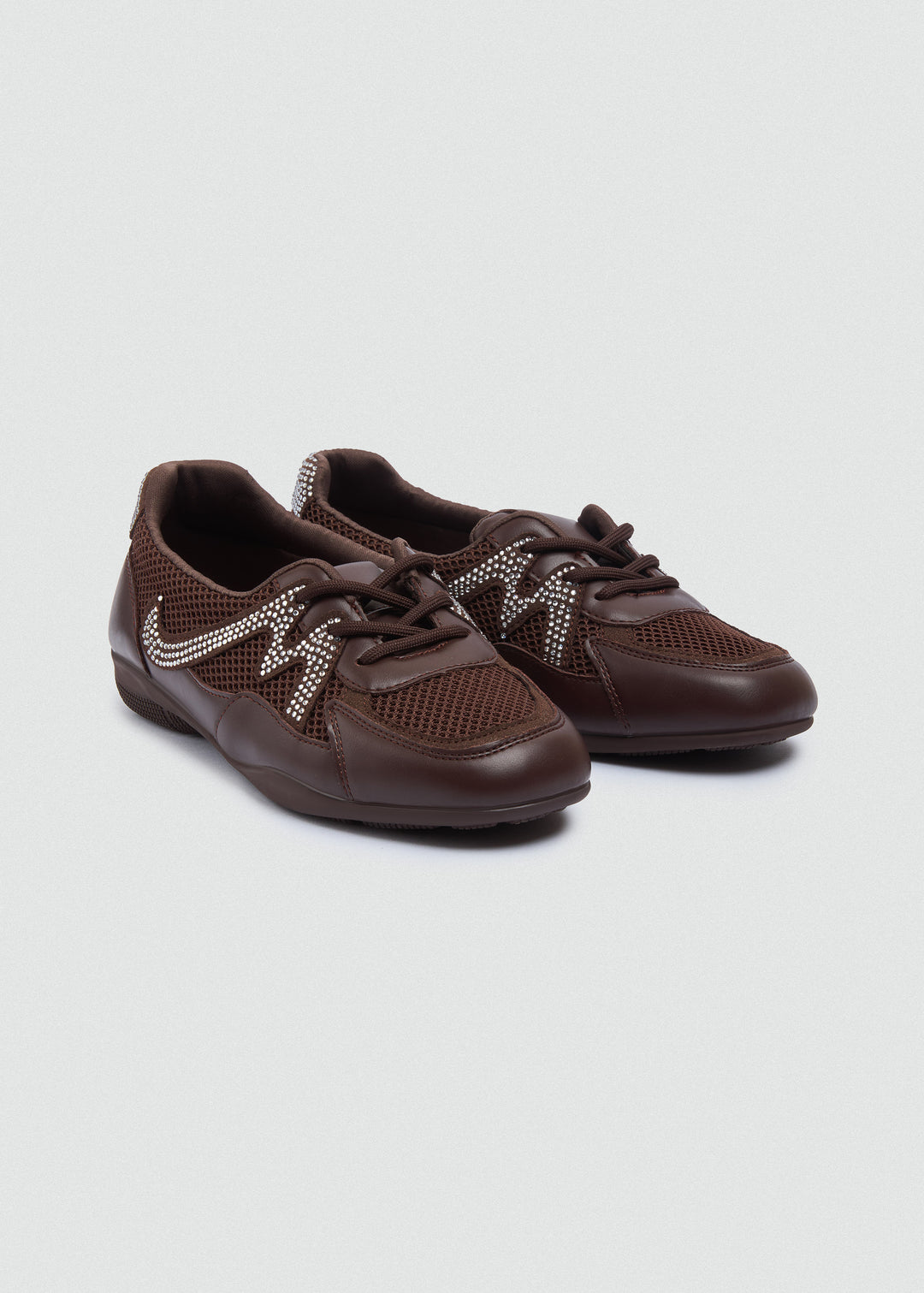 Mesh Rhinestone Sneakers - Brown