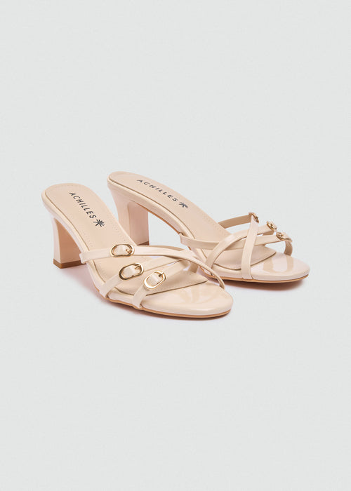 Strappy Mule Heels Gold Buckle - Beige