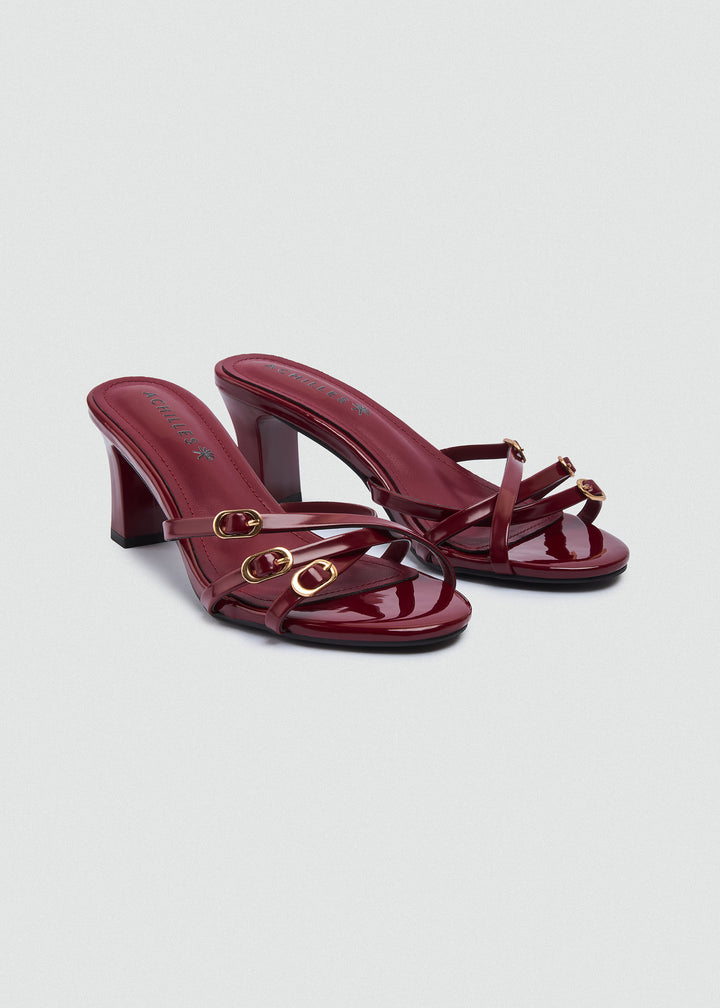 Strappy Mule Heels Gold Buckle - Maroon