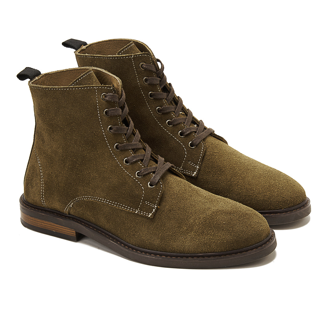 Suede Lace Up Genuine Leather Half Boots - Olive