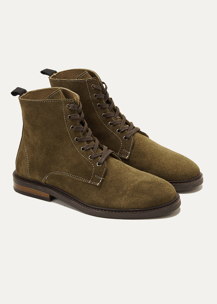 Suede Lace Up Genuine Leather Half Boots - Olive