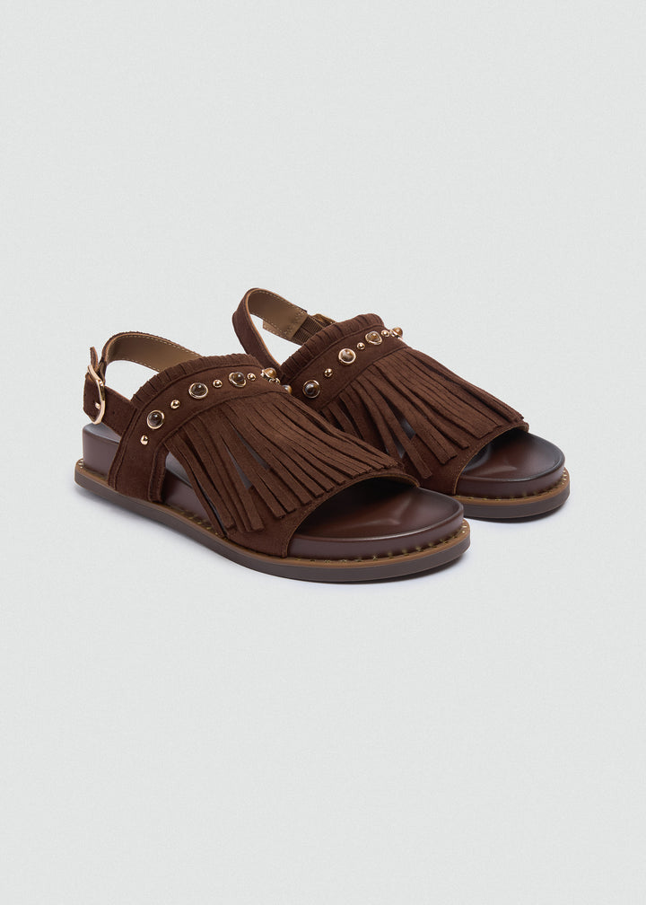 Suede Fringe Flat Sandals - Brown