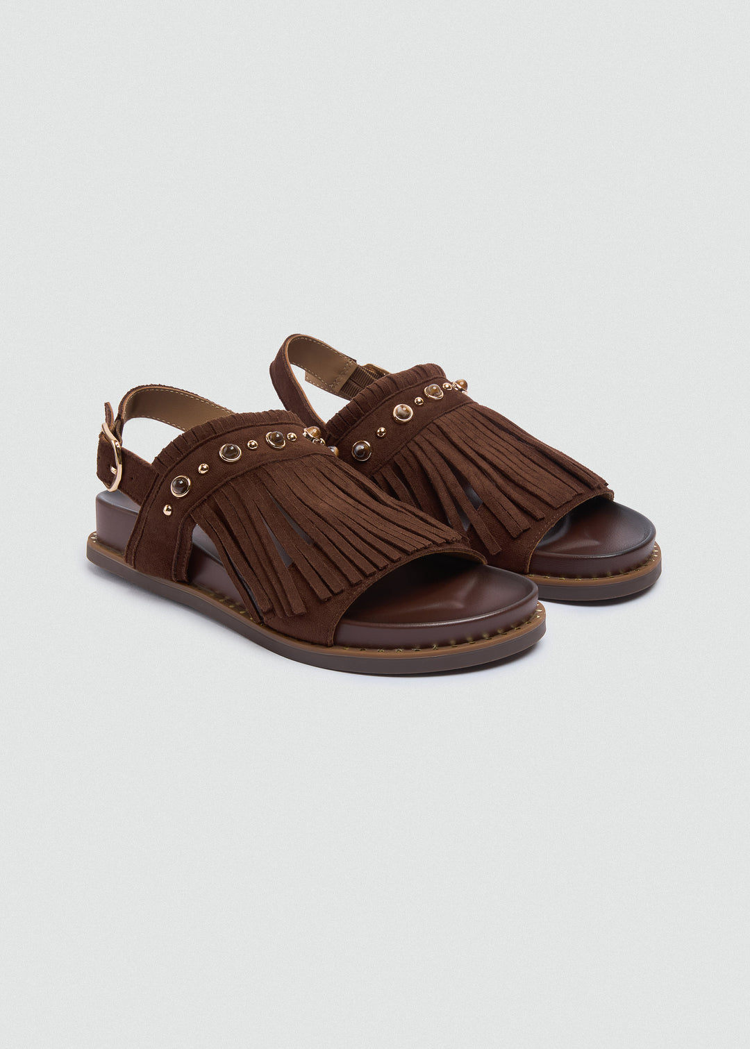 Suede Fringe Flat Sandals - Brown