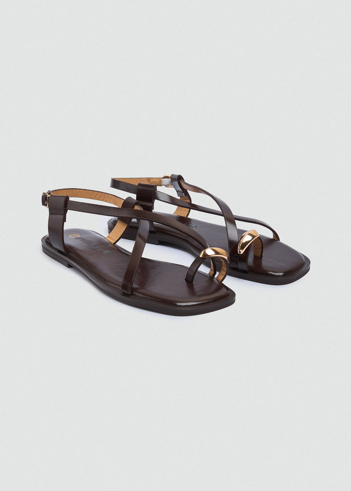 Thong Flat Sandals Gold Ring - Brown