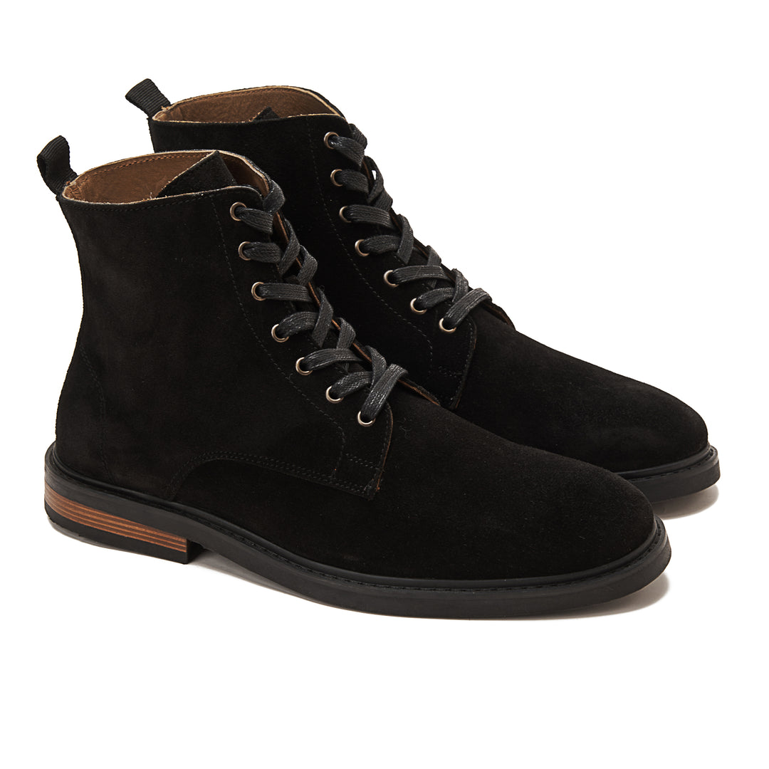 Suede Lace Up Genuine Leather Half Boots - Black