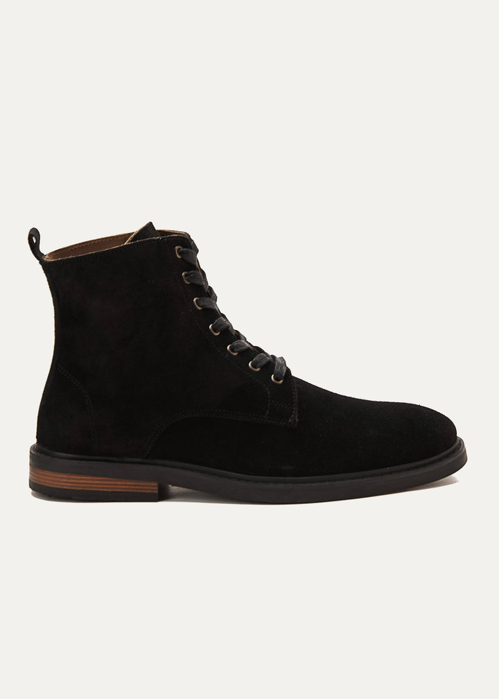 Suede Lace Up Genuine Leather Half Boots - Black