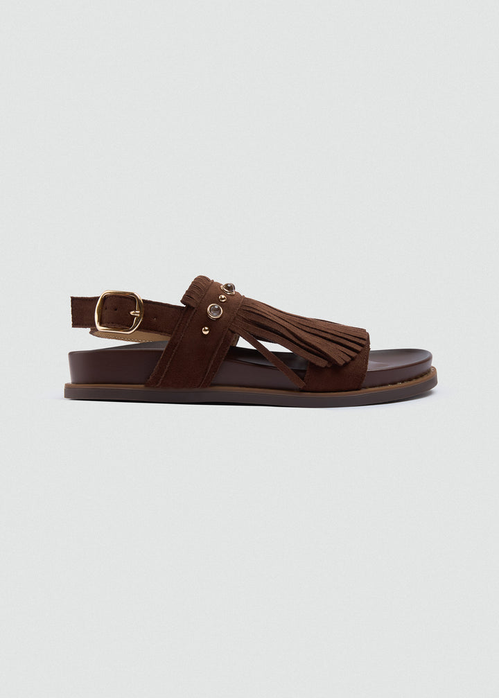Suede Fringe Flat Sandals - Brown