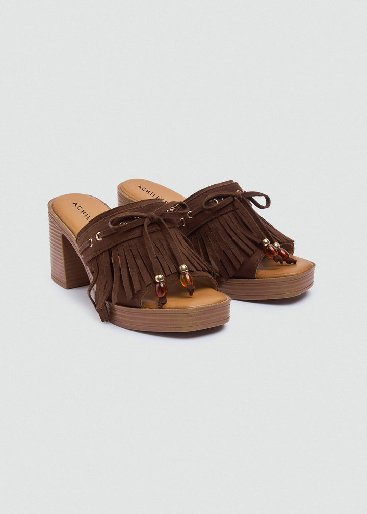 Suede Fringe Platform Sandals - Brown