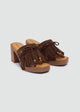 Suede Fringe Platform Sandals - Brown