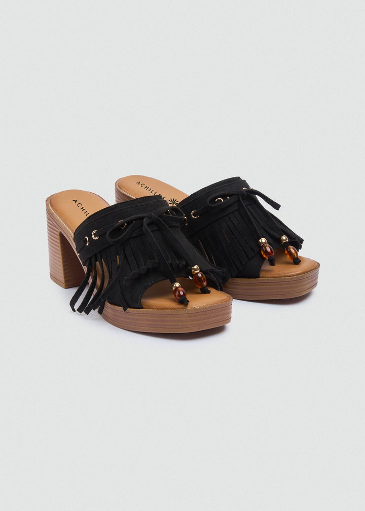 Suede Fringe Platform Sandals - Black