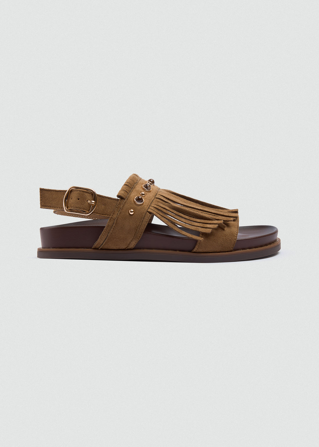 Suede Fringe Flat Sandals - Café