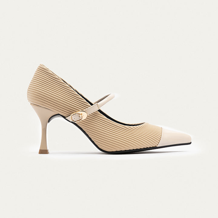 Achilles| Ribbed Mary Jane Heels - Beige