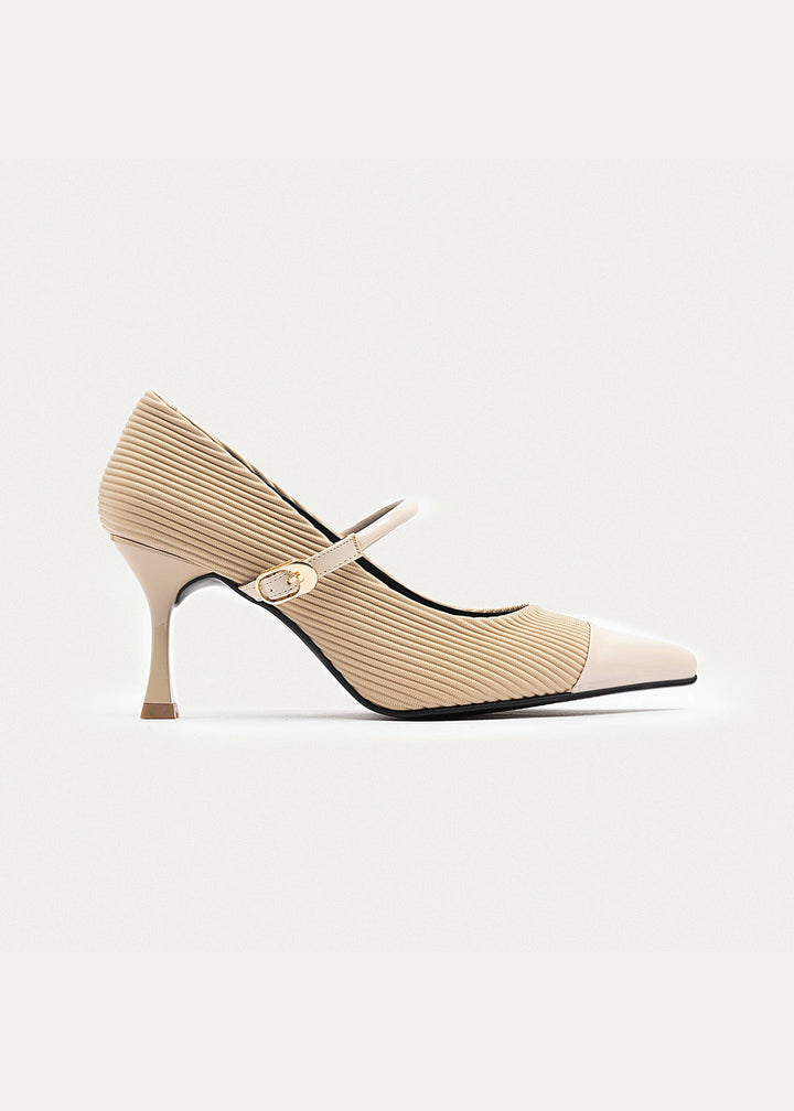 Ribbed Mary Jane Heels | Beige