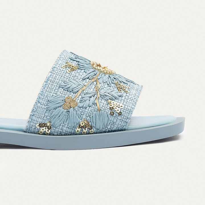 Bloom Embroidered Raffia Slides | Sky Blue