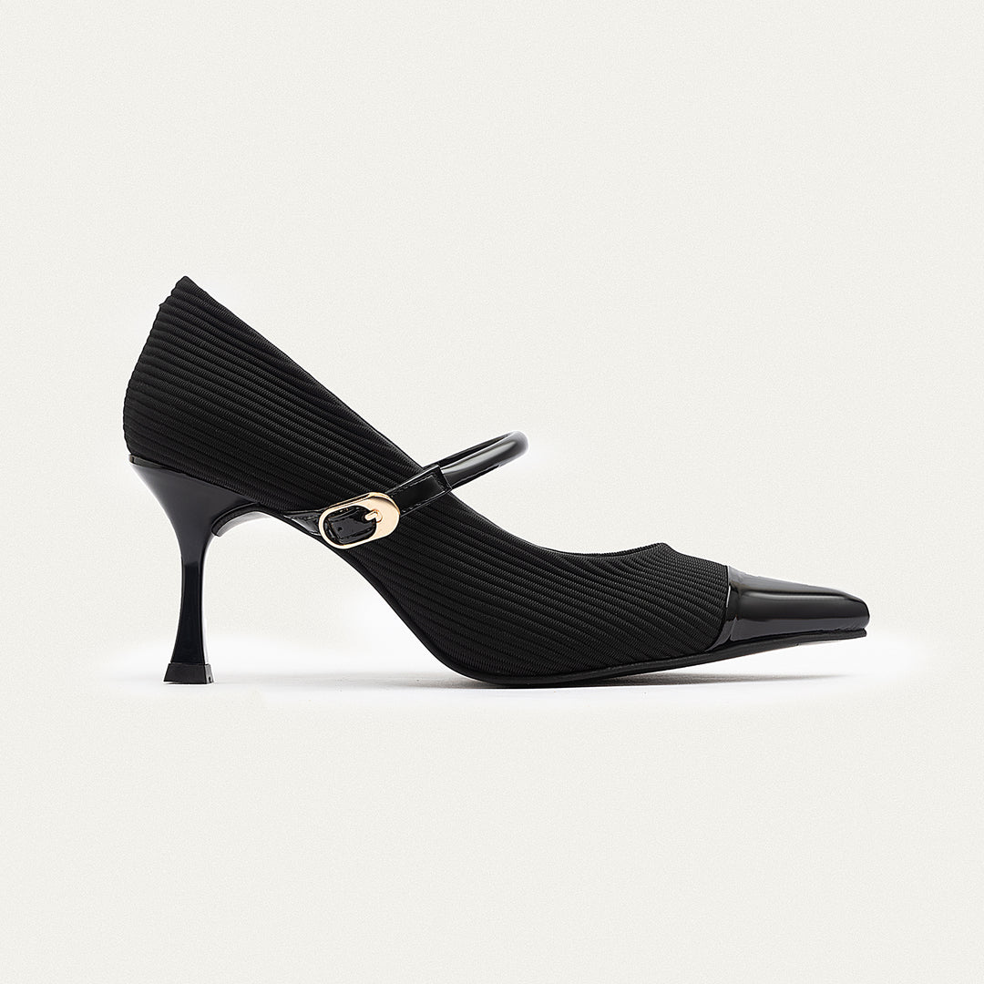 Achilles| Ribbed Mary Jane Heels - Black