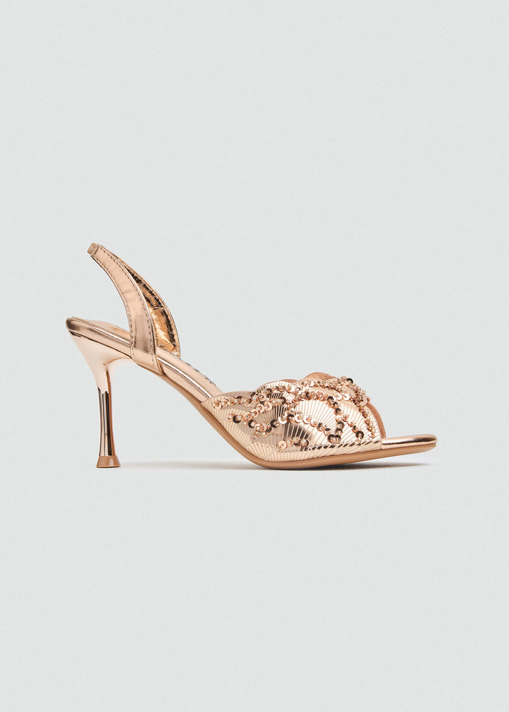 Beaded Lattice Slip-On Heeled Sandals - Rose Gold