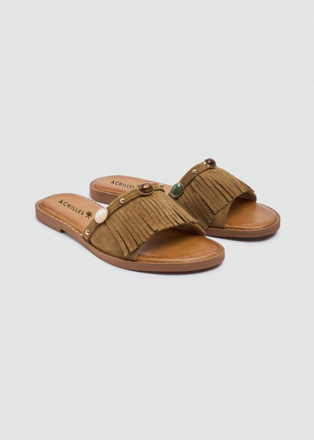 Suede Slides Fringe Stones - Café