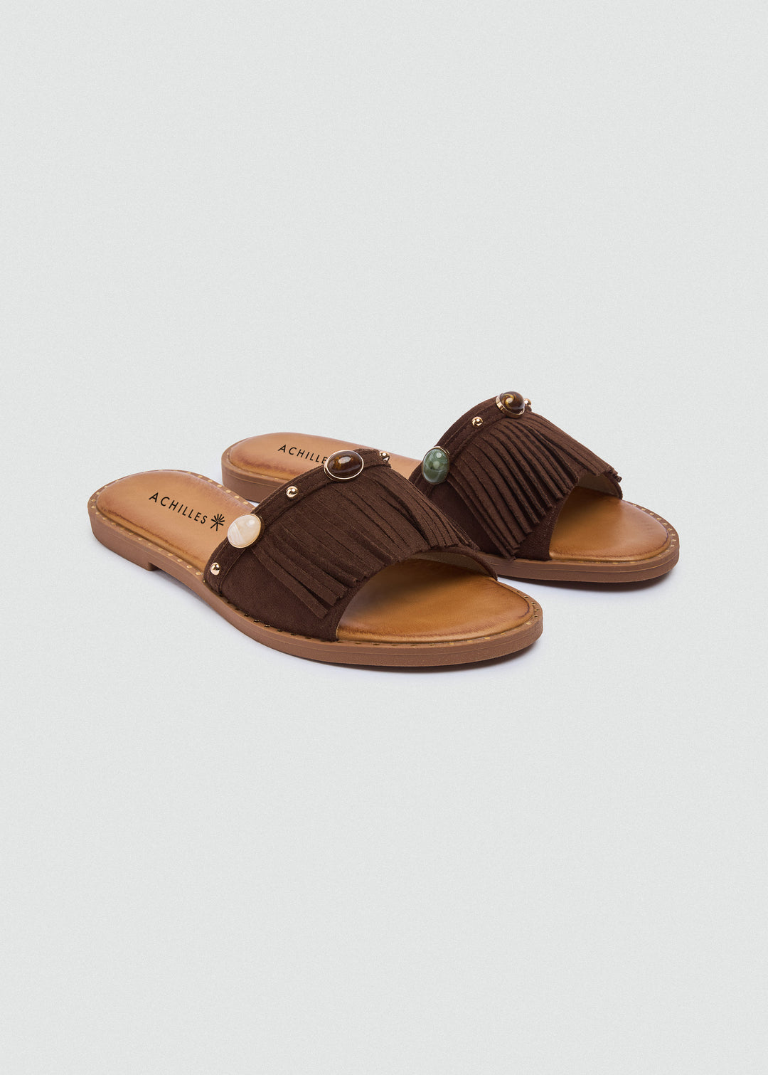 Suede Slides Fringe Stones - Brown