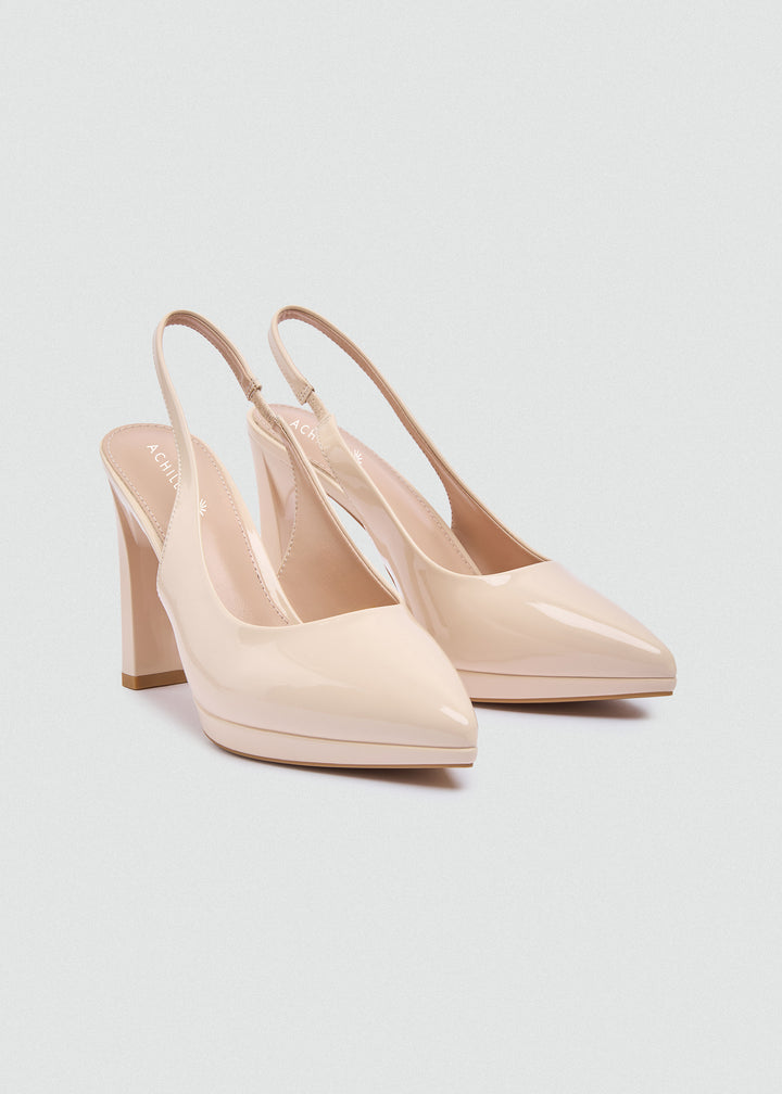 Pointy Slingback Block Heel Pumps - Beige