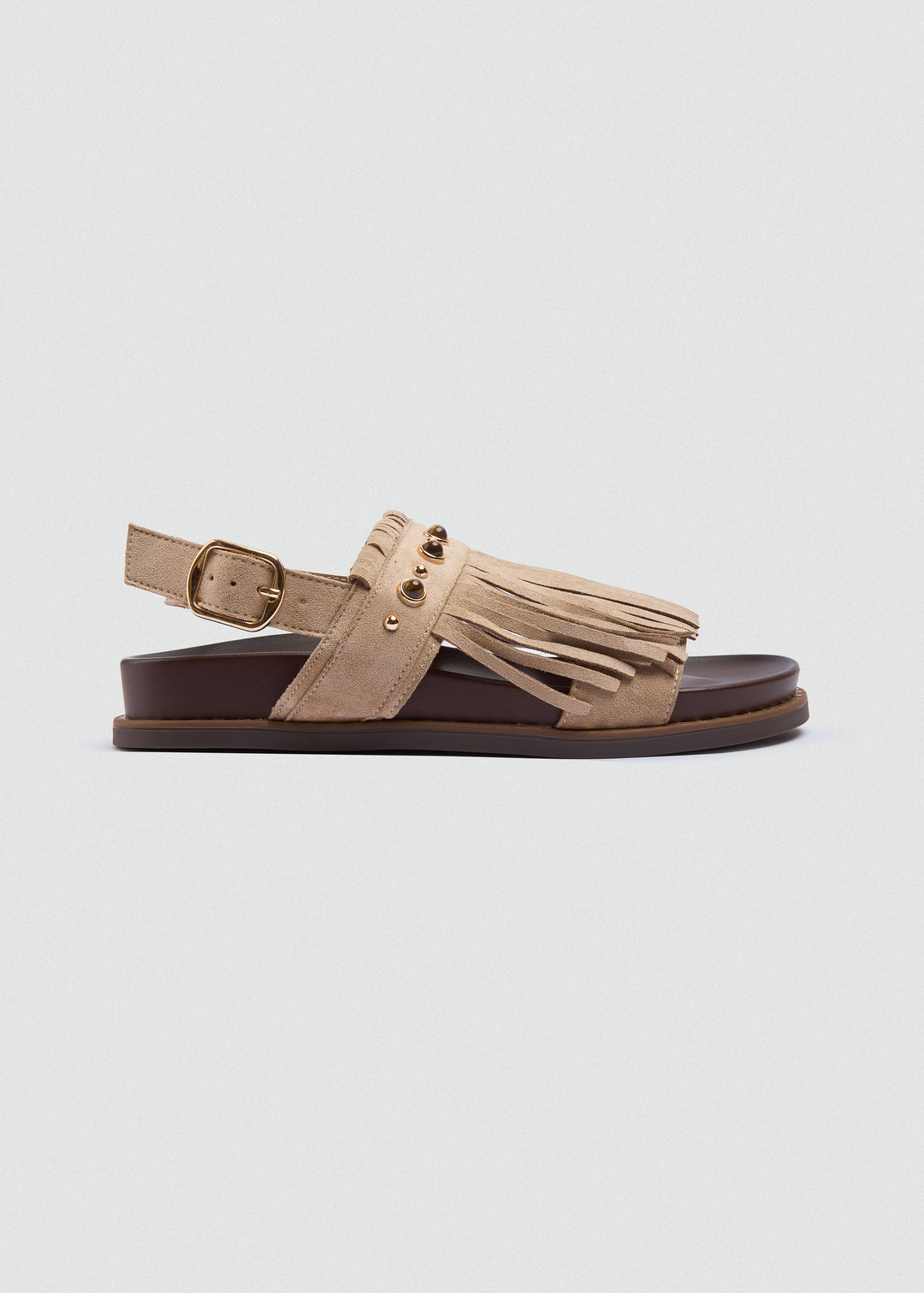 Suede Fringe Flat Sandals - Beige