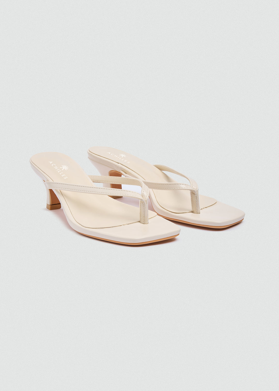 Square Toe Thong Heeled Mules - Beige
