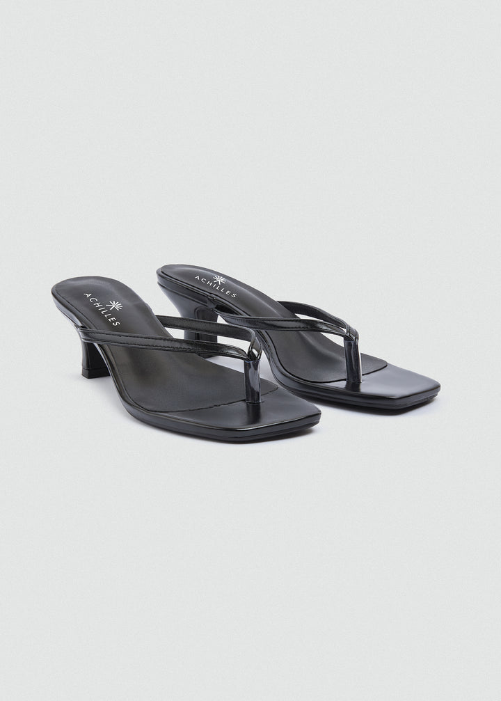 Square Toe Thong Heeled Mules - Black