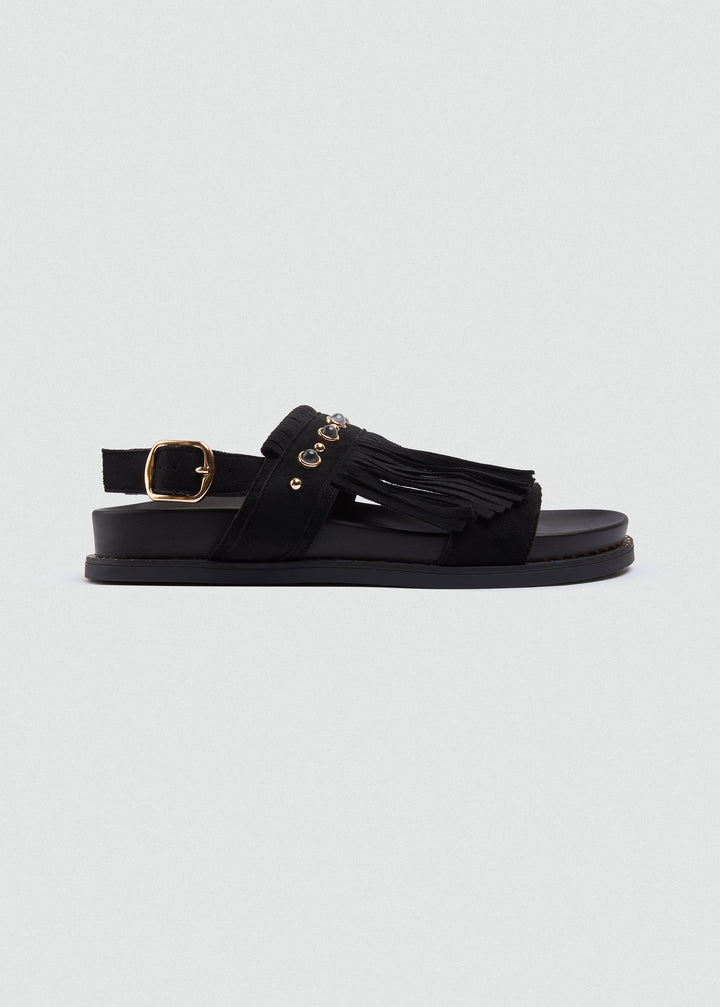 Suede Fringe Flat Sandals - Black