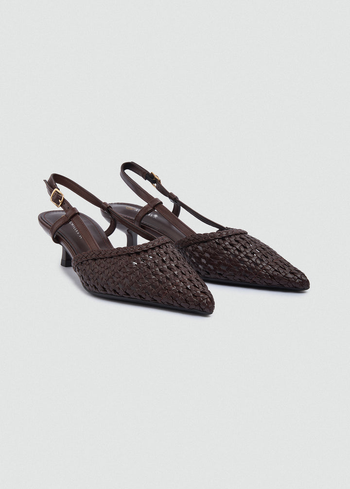 Woven Slingback Kitten Heels - Brown