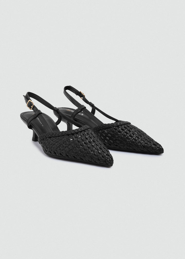 Woven Slingback Kitten Heels - Black
