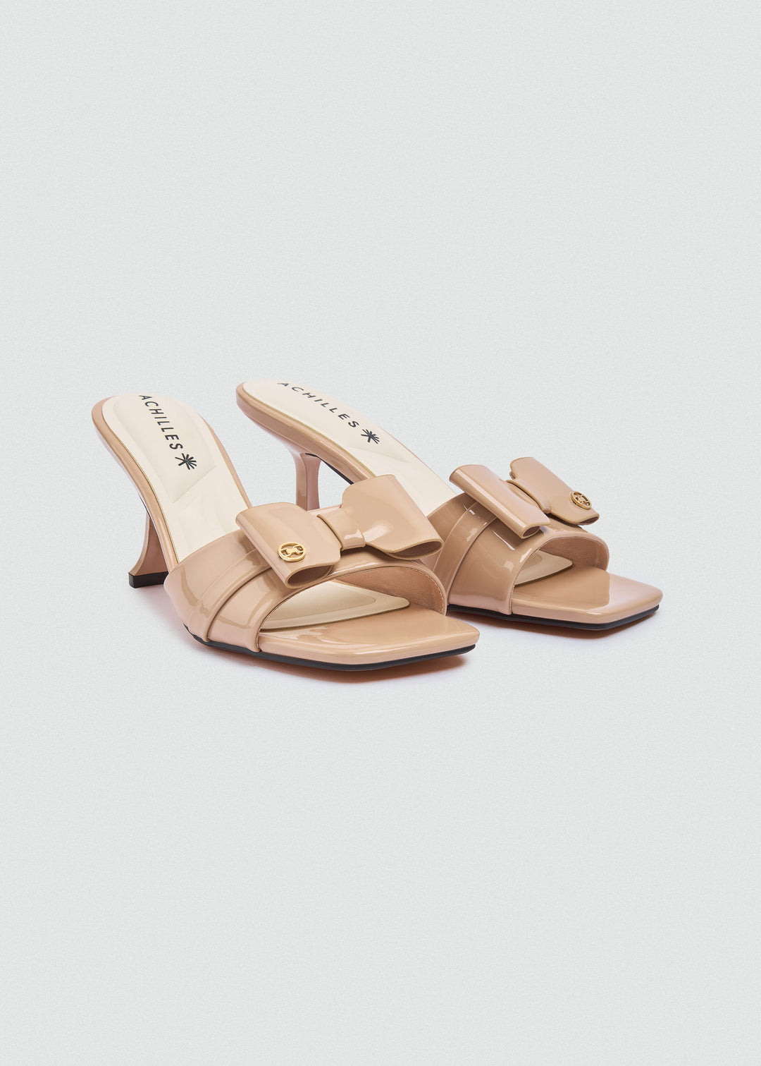 Patent Bow Heeled Mules - Beige