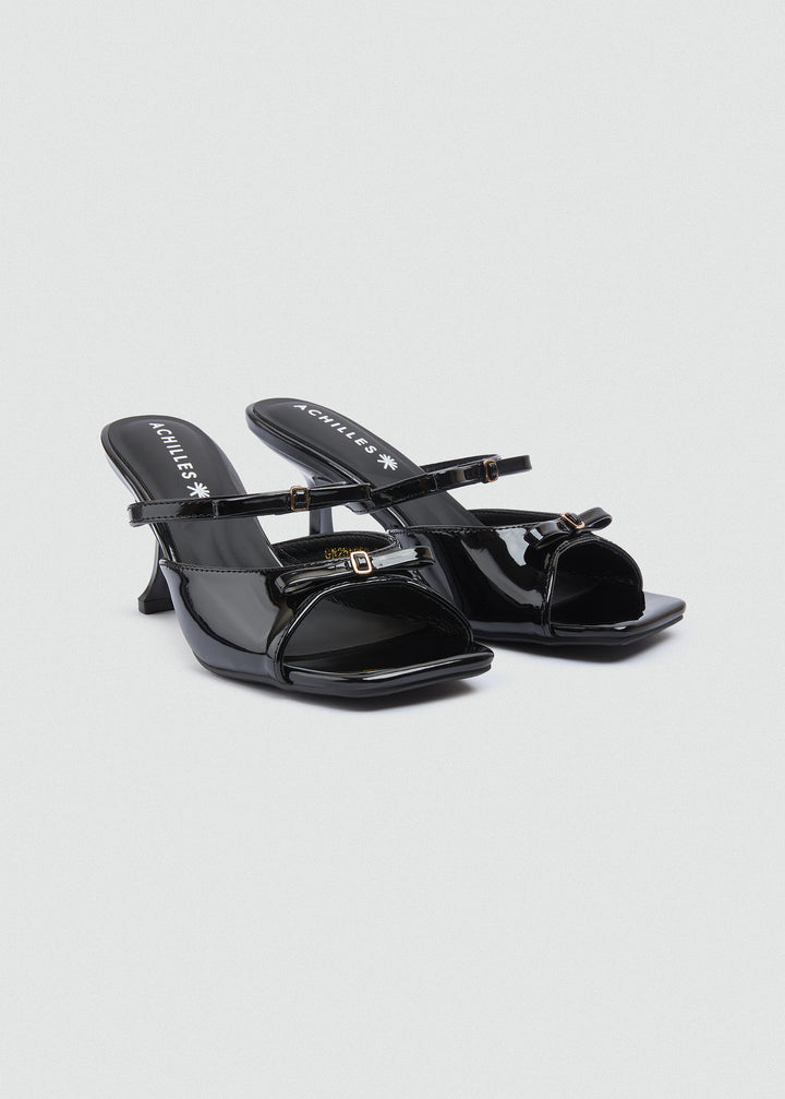 Strappy Bow Kitten Heel Mules - Black