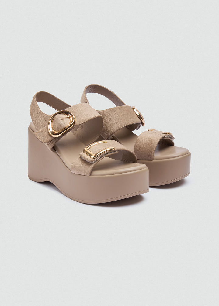 Suede Wedge Dual Gold Buckles - Café