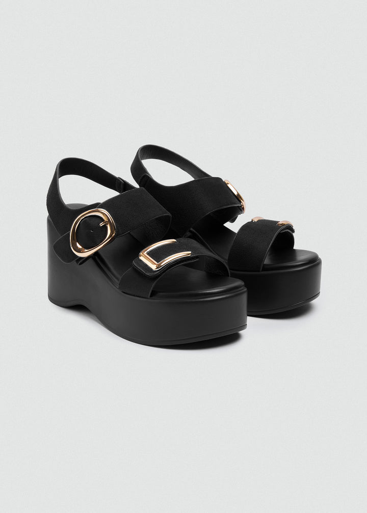 Suede Wedge Dual Gold Buckles - Black