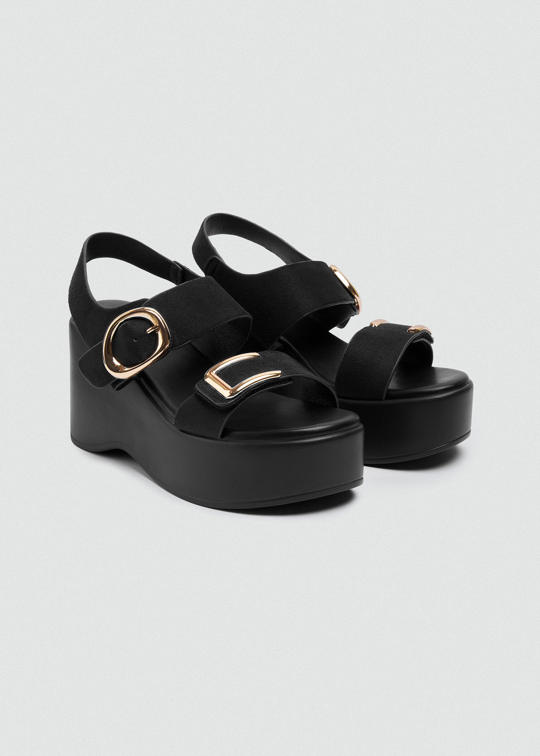 Suede Wedge Dual Gold Buckles - Black